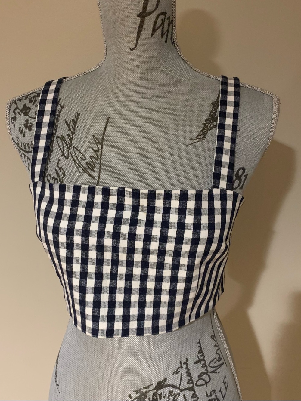 Wayf Navy and White Gingham Square-Neck Crop Top